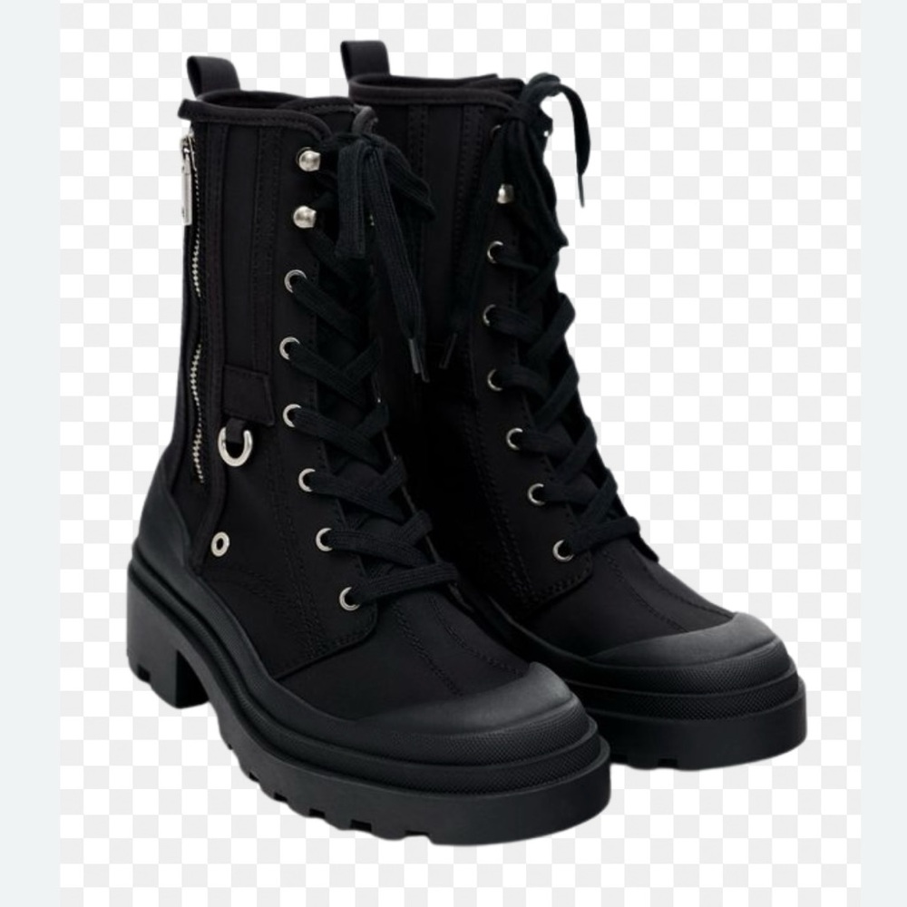 Zara Black Combat Moto Boots with Side Zipper